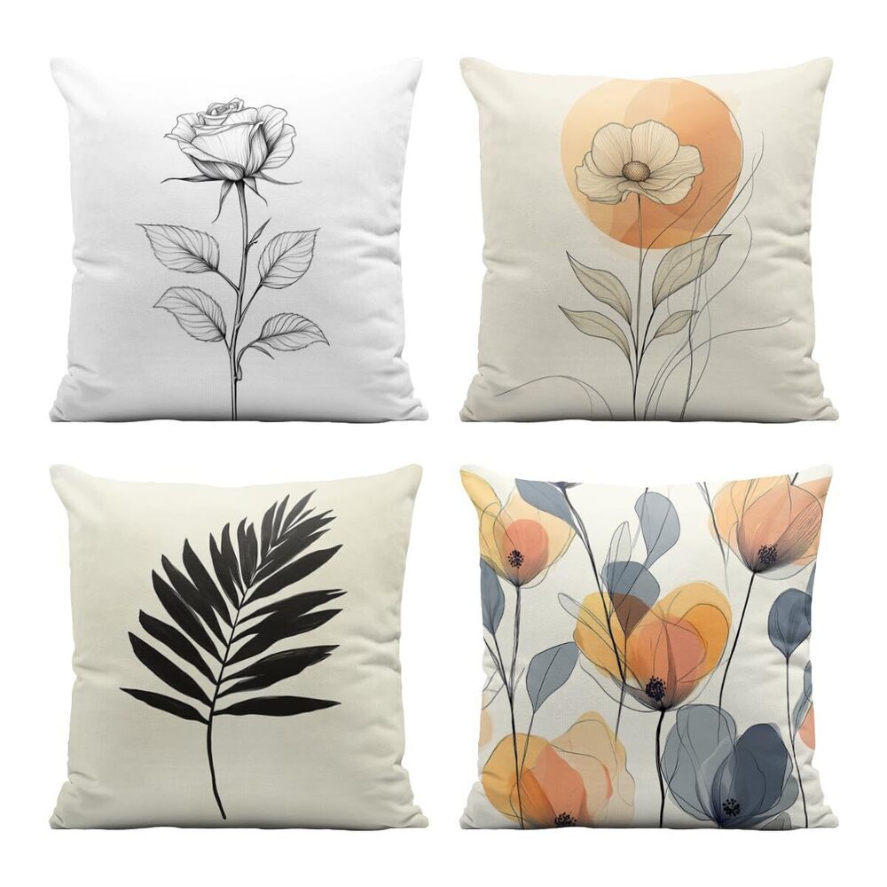 9860 Minimalist Flowers Pillow Covers 18x18 Inch Set of 4 Roses Palm Leaves